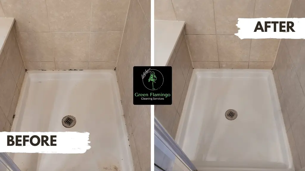 Before and after photo of a shower cleaned by Green Flamingo