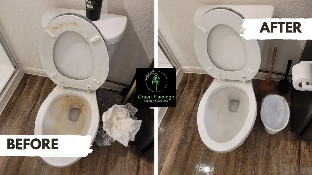 Before and after: toilet base and the floor line behind it